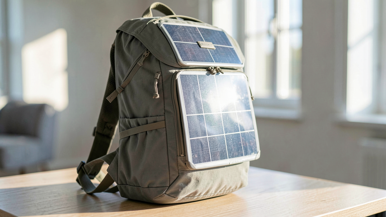 sac à dos solaire moderne avec panneau solaire intégré posé sur une surface en bois