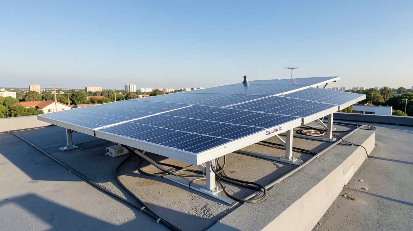 seatronic panneau solaire installé sur un toit résidentiel avec support et câbles visibles