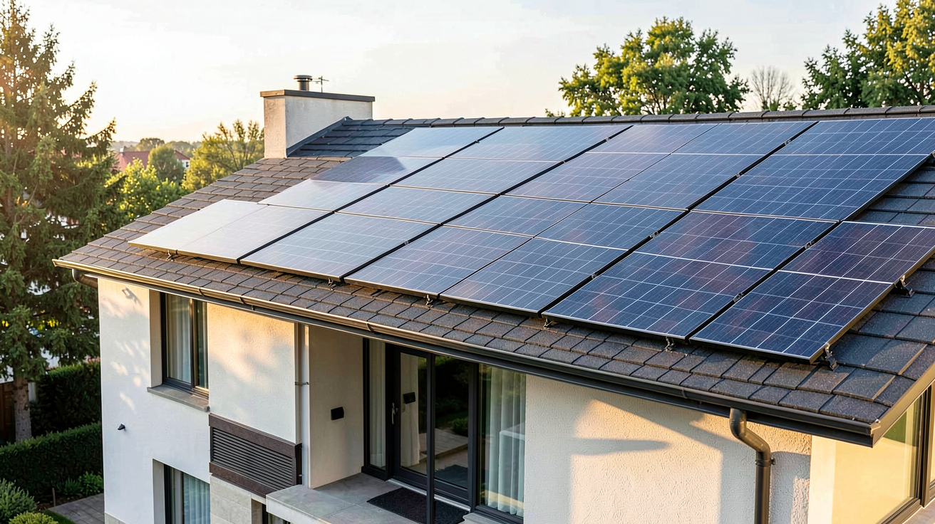 shingled panneau solaire noir installé sur un toit de maison moderne, éligible aux primes énergie et aides financières