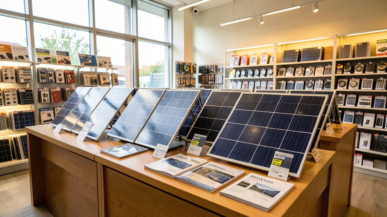 shop solaire présentant des kits photovoltaïques avec des panneaux exposés en vitrine et des brochures techniques
