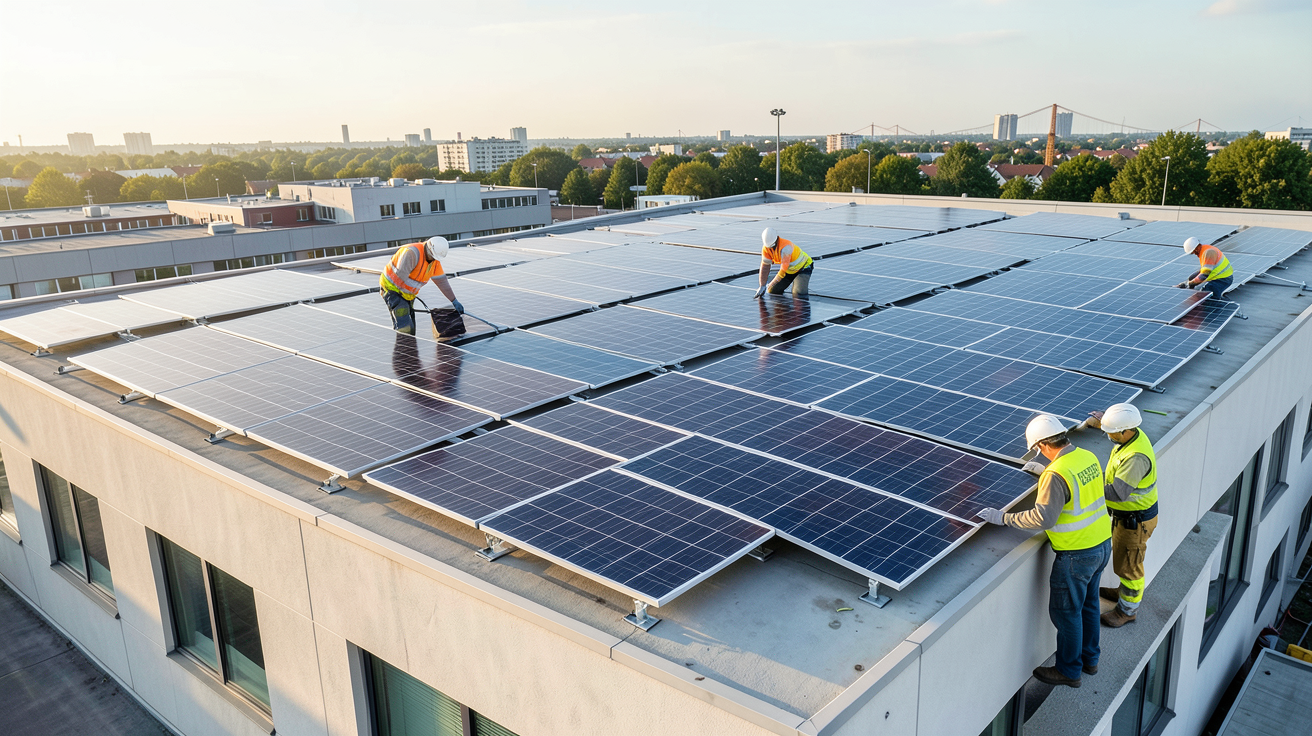 shop solaire en cours d'installation avec techniciens posant les panneaux photovoltaïques sur un toit commercial