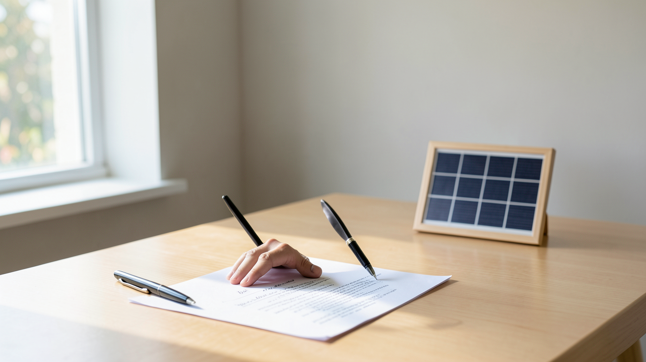 sibel energie panneau solaire modèle de lettre de mise en demeure posée sur un bureau avec un stylo et un panneau solaire miniature