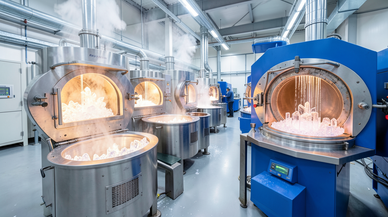 silicium monocristallin en cours de fabrication dans un four à tirage Czochralski en usine industrielle