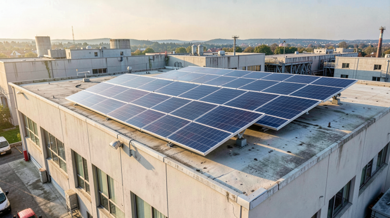 silicium panneau solaire installé sur le toit d'un bâtiment industriel, montrant des cellules photovoltaïques brillantes sous la lumière du matin