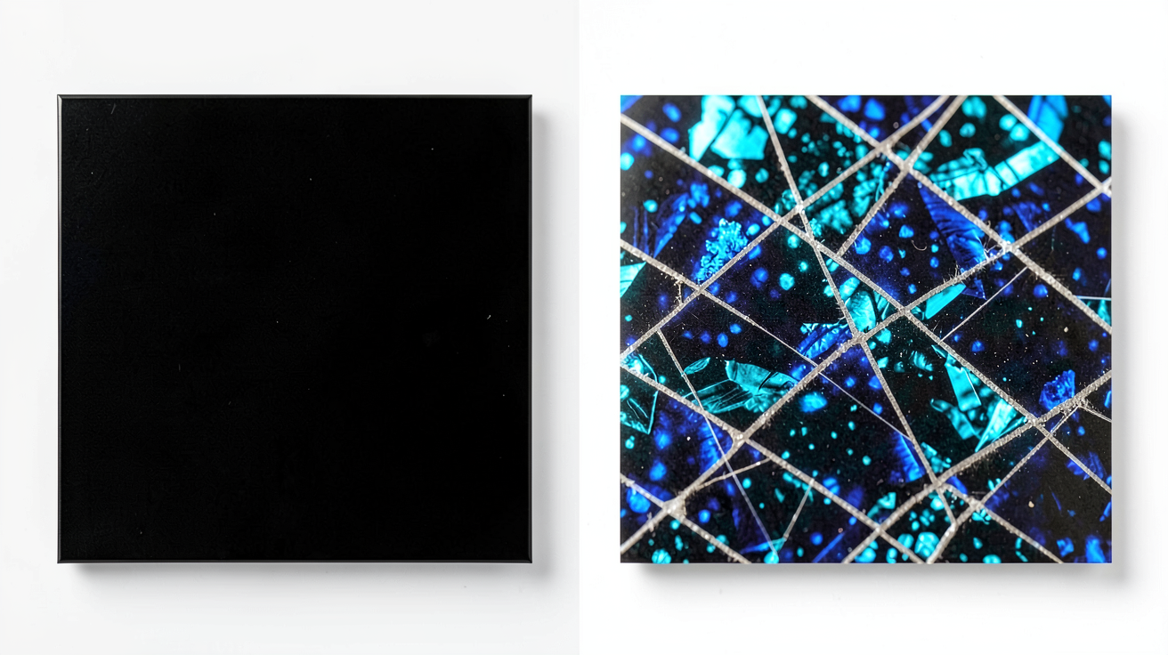 silicium panneau solaire montrant la différence visuelle entre une cellule monocristalline noire et une cellule polycristalline bleue scintillante
