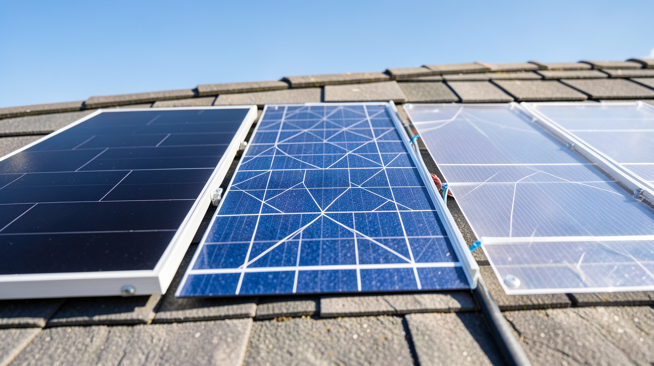 silicium photovoltaïque : trois panneaux solaires monocristallin, polycristallin et amorphe exposés côte à côte sur un toit