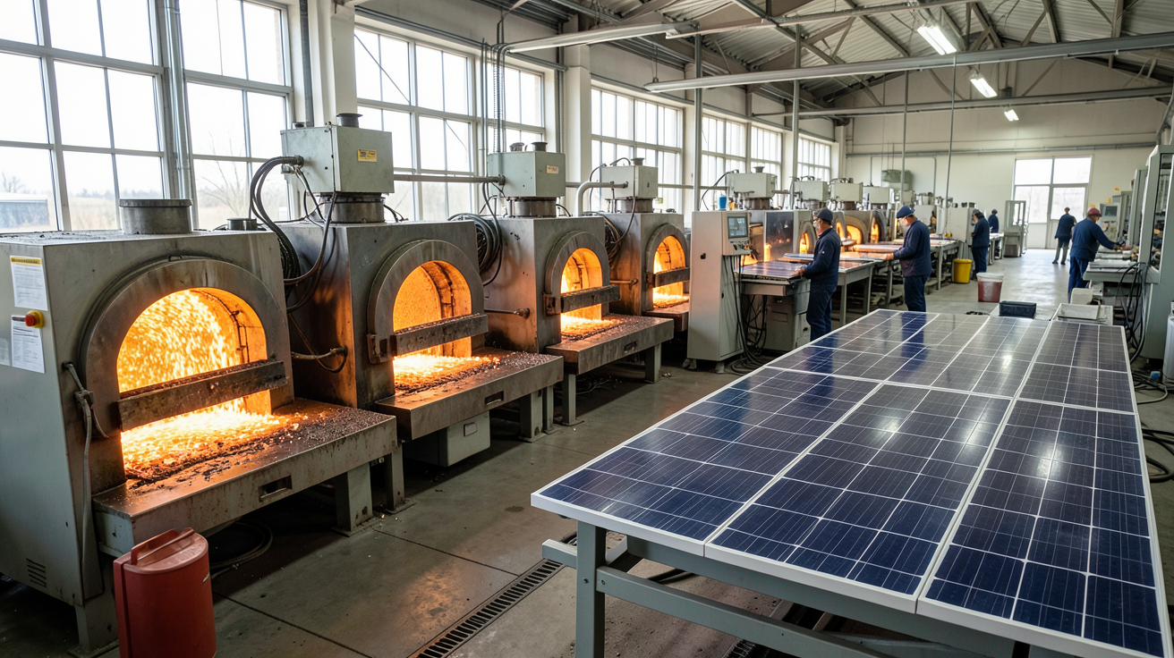 silicium polycristallin processus de fabrication des panneaux solaires, vue détaillée des lingots, fours et découpe, mise en scène réaliste