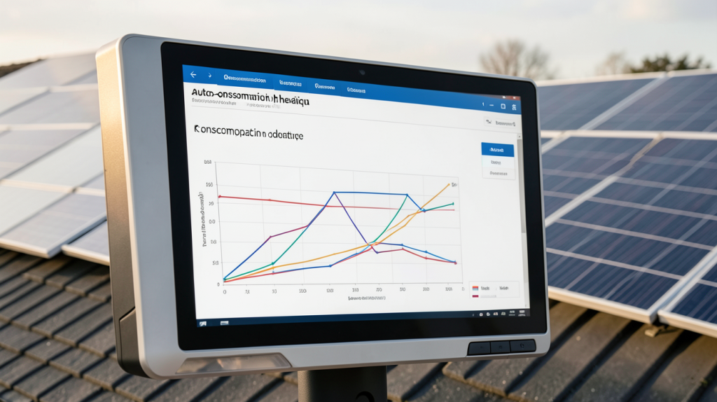 simulateur autoconsommation photovoltaïque affichant des données de production et de consommation sur une tablette