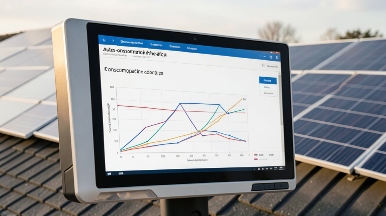 simulateur autoconsommation photovoltaïque affichant des données de production et de consommation sur une tablette