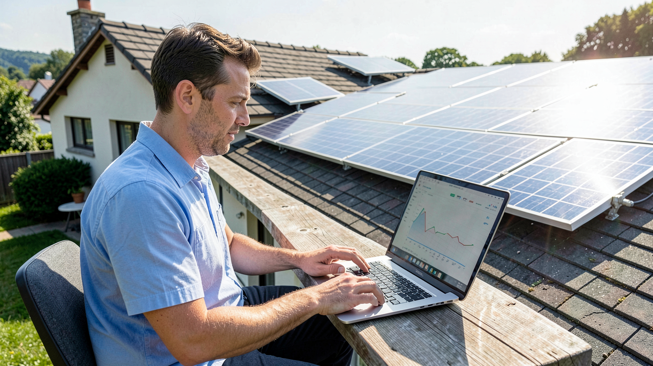 simulateur autoconsommation solaire professionnel évaluant une installation photovoltaïque sur un ordinateur portable, panneaux solaires sur le toit, lumière naturelle