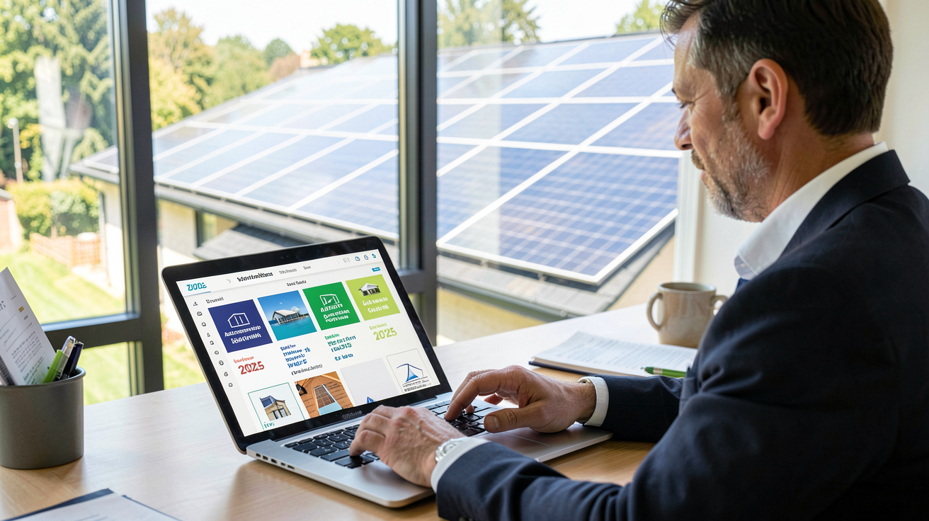 simulateur autoconsommation solaire comparaison des 7 simulateurs gratuits 2025 affichée sur écran d'ordinateur avec panneaux solaires en arrière‑plan