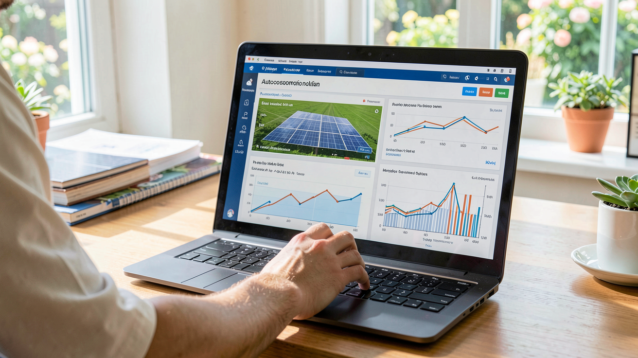simulateur autoconsommation solaire utilisé sur un ordinateur portable dans un bureau éclairé, montrant les graphiques d'économies d'énergie