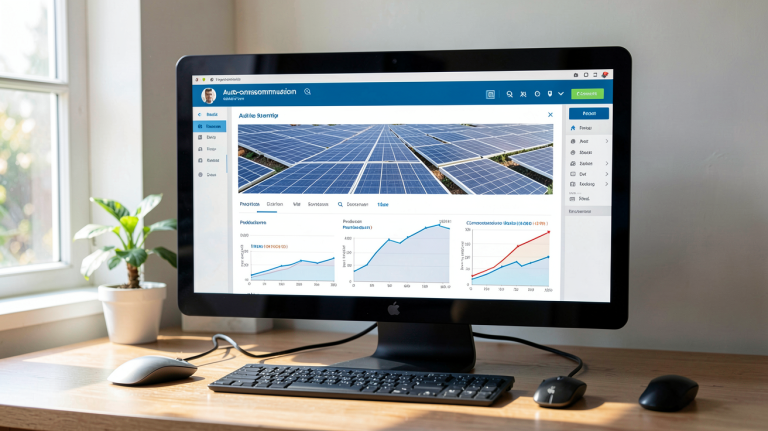 simulateur autoconsommation solaire affiché sur un écran d'ordinateur avec des graphiques de production d'énergie solaire
