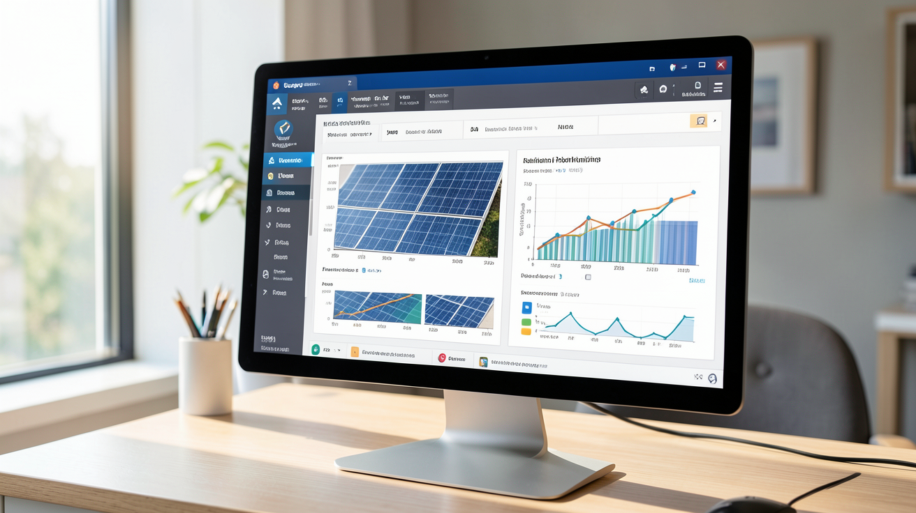 simulateur d'installation photovoltaïque affiché sur un écran d'ordinateur avec interface technique et graphiques