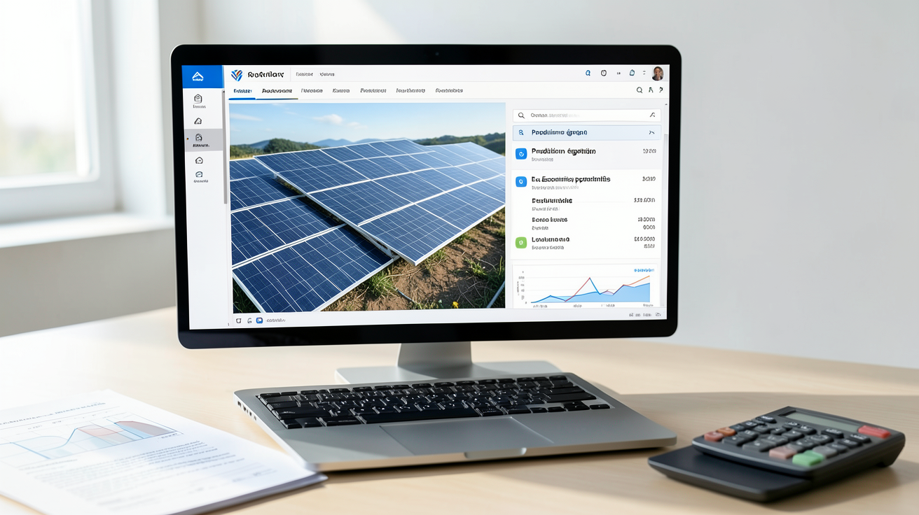 simulateur panneau photovoltaique affichant des données techniques sur un écran d'ordinateur portable