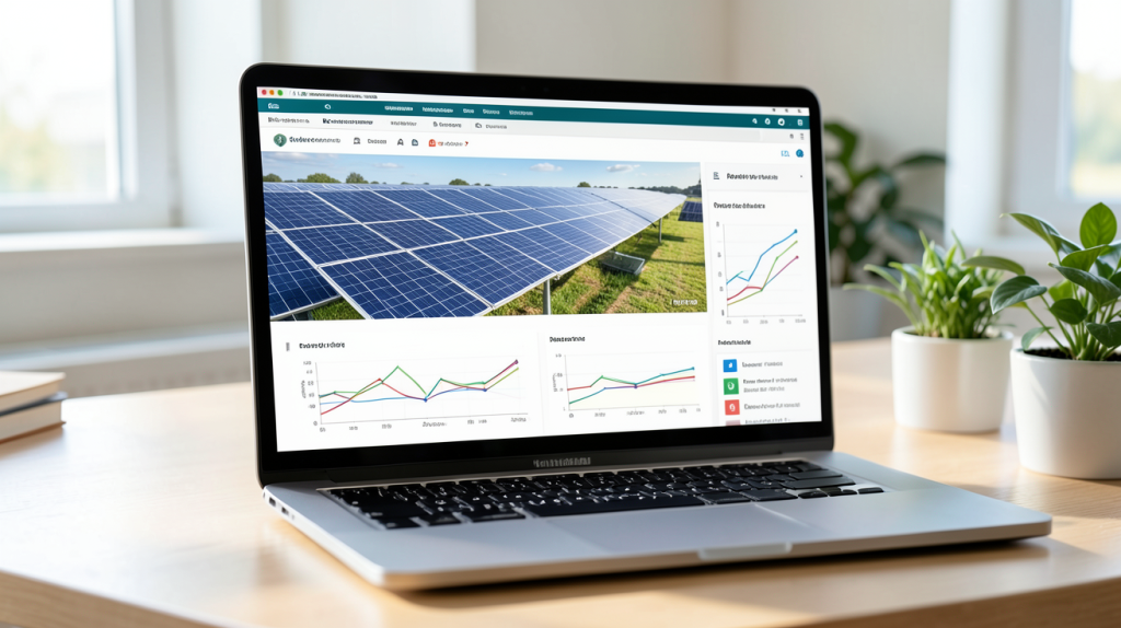 simulateur panneau photovoltaique affiché sur un écran d'ordinateur montrant le rendement des panneaux solaires