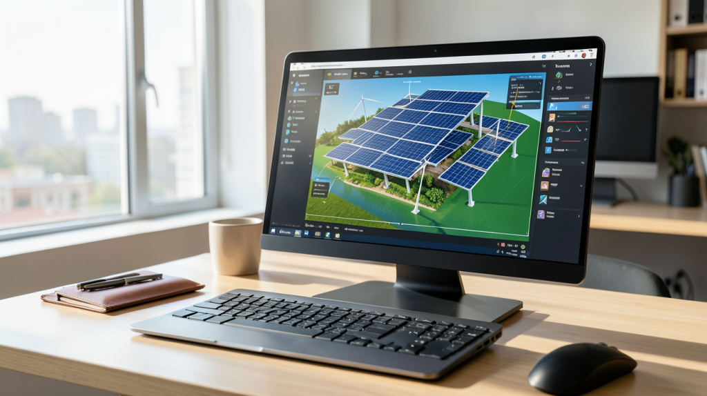 simulateur photovoltaïque en 3D affiché sur un écran d'ordinateur portable dans un bureau moderne