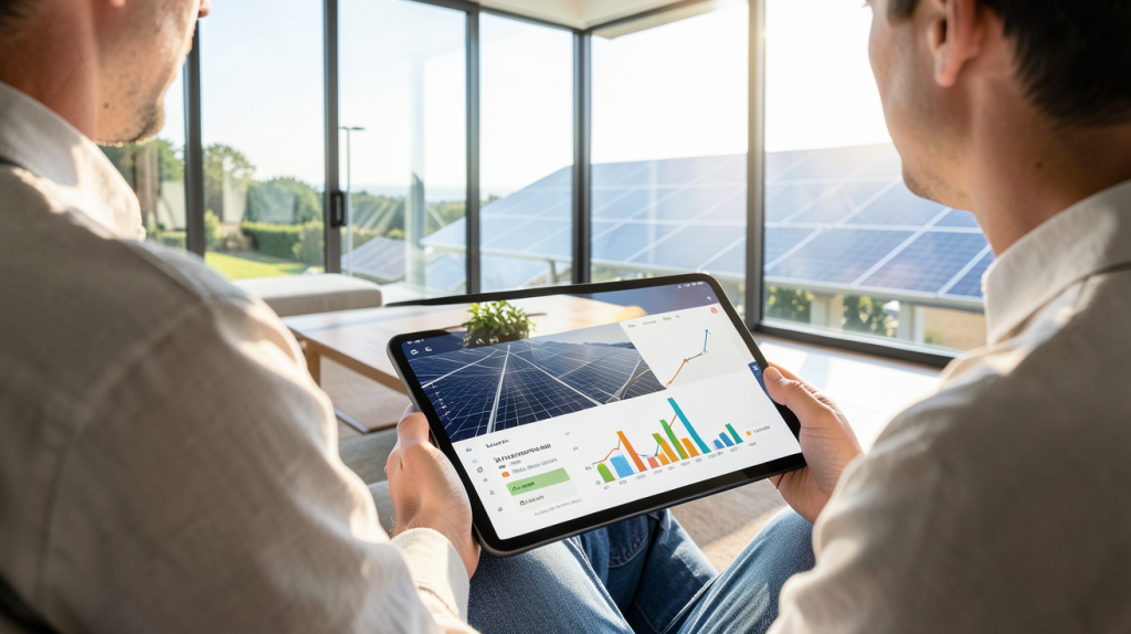 simulateur photovoltaique autoconsommation affiché sur une tablette numérique dans une maison moderne et ensoleillée