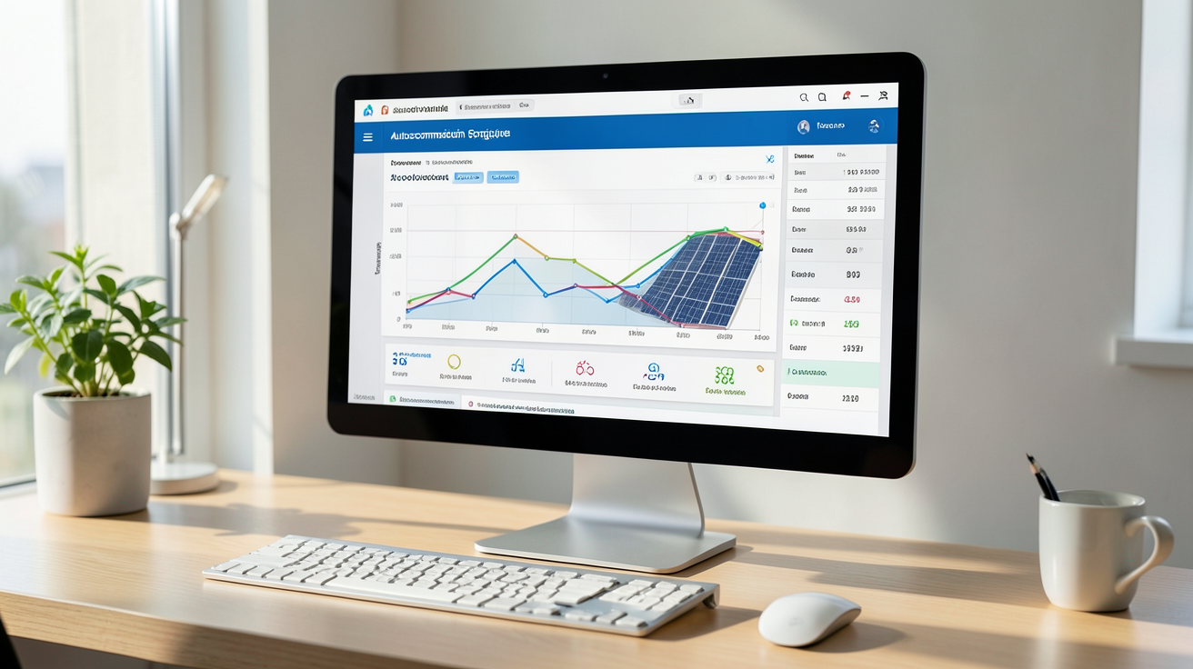 simulateur photovoltaïque d'autoconsommation énergétique affiché sur un écran d'ordinateur avec graphiques de production et consommation