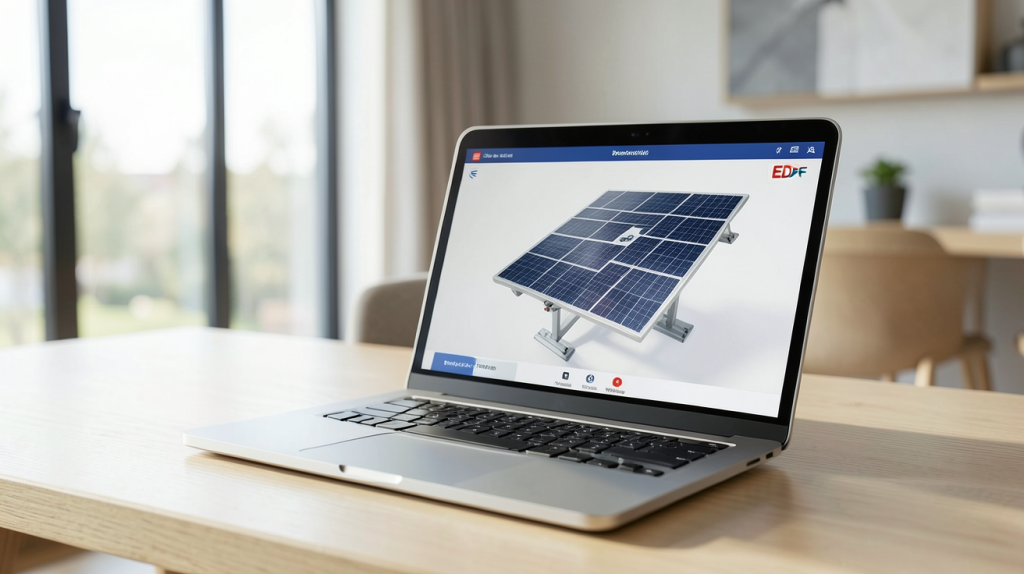 simulateur photovoltaïque EDF affiché sur un écran d'ordinateur portable dans un salon moderne