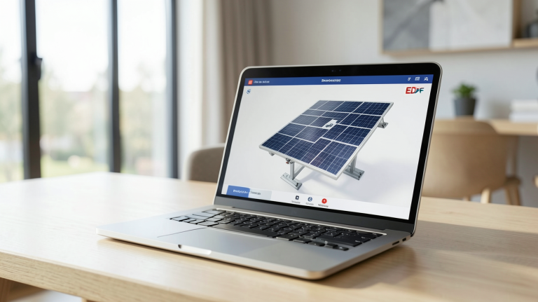 simulateur photovoltaïque EDF affiché sur un écran d'ordinateur portable dans un salon moderne