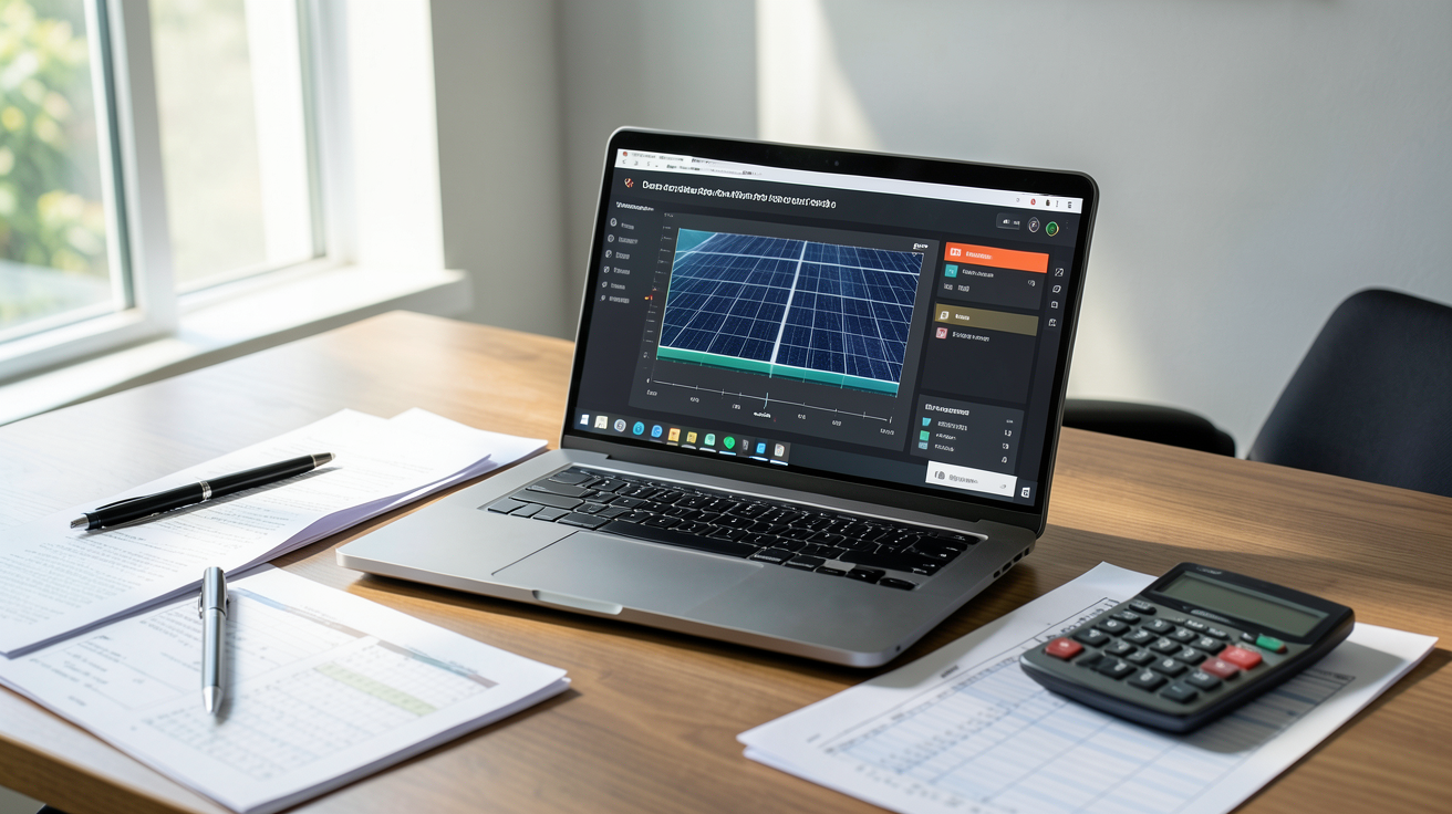 simulateur photovoltaïque affiché sur un écran d'ordinateur portable avec des documents et une calculatrice sur un bureau moderne