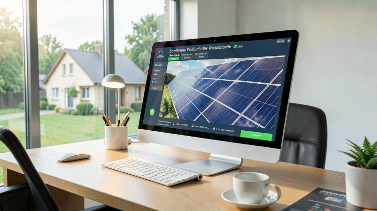 simulateur production photovoltaïque affichant des données sur un écran devant une maison