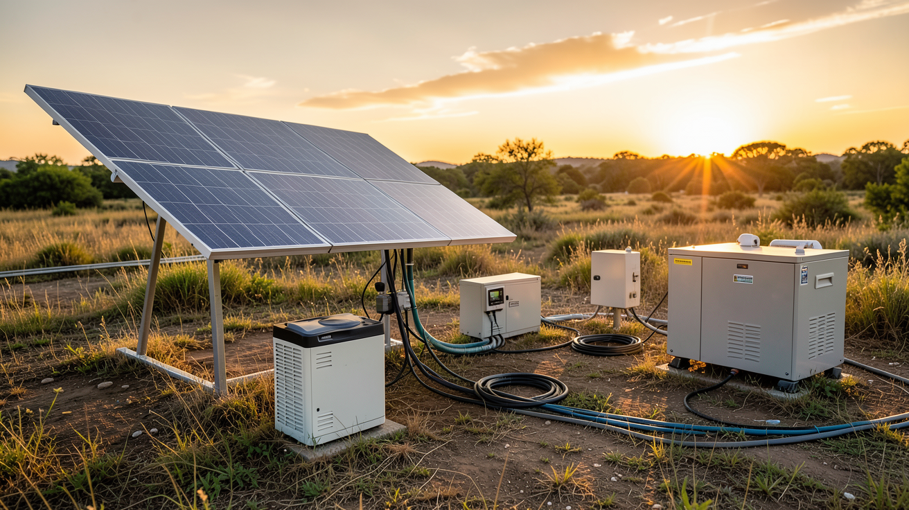site isolé équipé de panneaux solaires, batterie de stockage, onduleur et câblage électrique