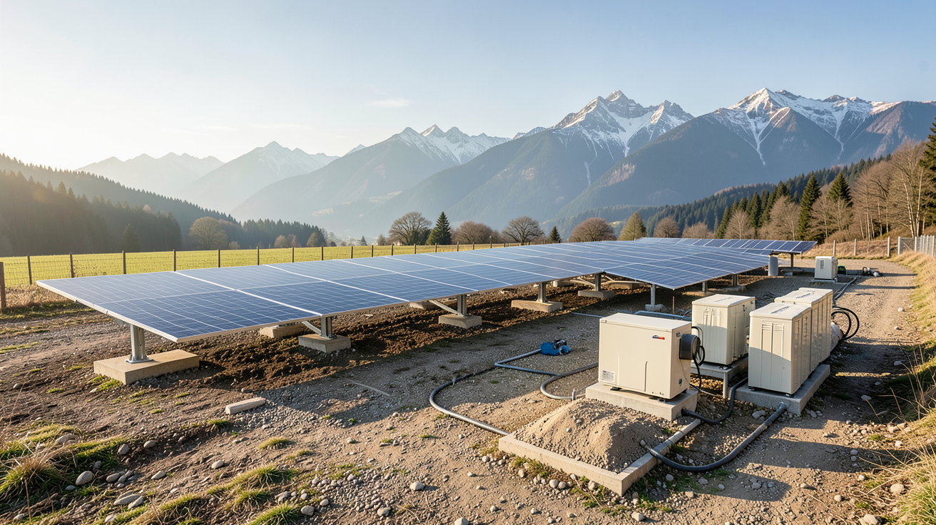 site isolé en cours d'installation avec panneaux solaires, batteries et onduleur