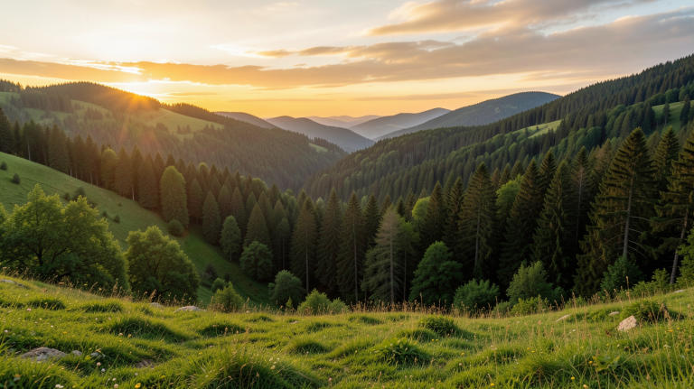 site isolé en pleine nature avec des collines verdoyantes et un ciel doré au coucher du soleil