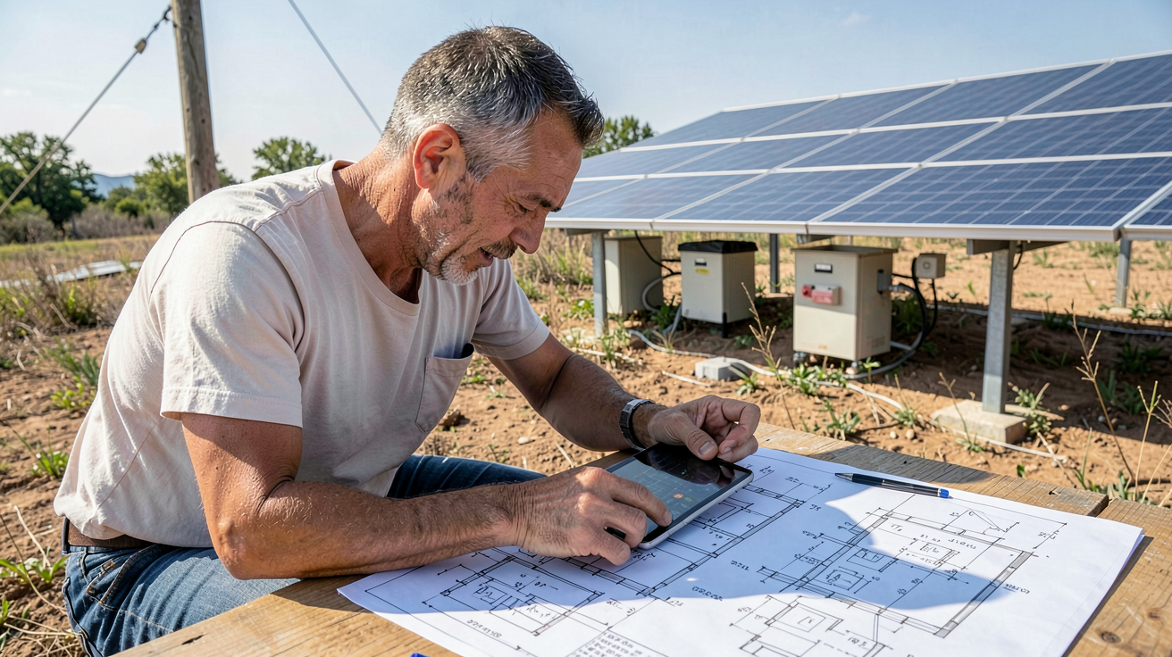 site isolé photovoltaïque : technicien dimensionnant une installation solaire hors réseau avec des plans et une tablette