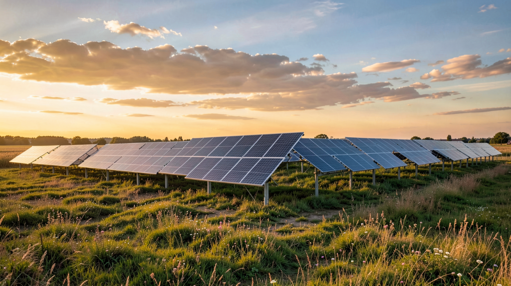 site isolé photovoltaïque composé de panneaux solaires installés dans un champ dégagé