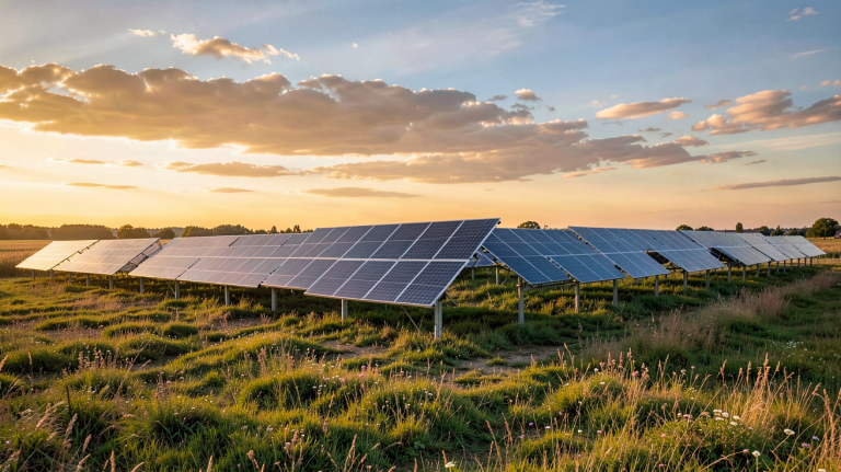 site isolé photovoltaïque composé de panneaux solaires installés dans un champ dégagé