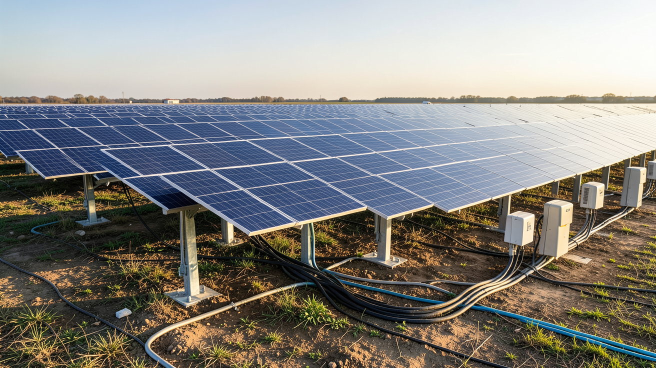 site photovoltaïque en fonctionnement avec panneaux solaires alignés sur un terrain dégagé