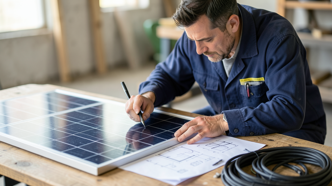 site photovoltaïque : technicien analysant des panneaux solaires et des schémas de dimensionnement