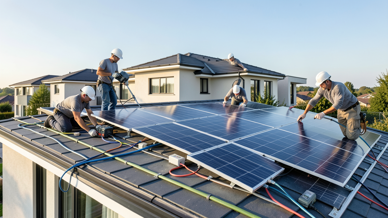 site photovoltaïque montrant les étapes d'installation des panneaux solaires sur une maison