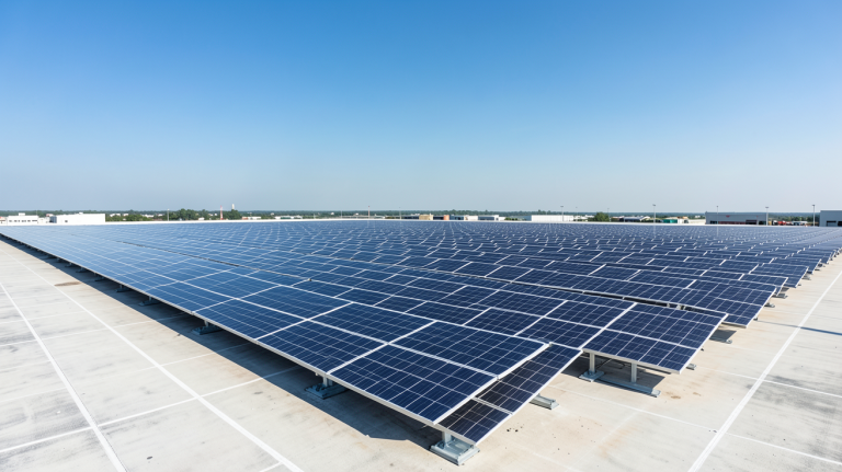 site photovoltaique montrant des panneaux solaires étalés sur un toit plat, éclairage naturel, environnement professionnel