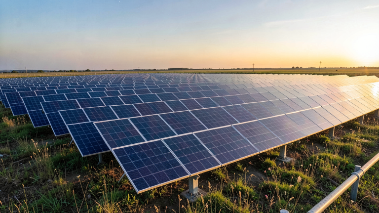 site solaire composé de panneaux photovoltaïques dans un champ ouvert sous un ciel dégagé