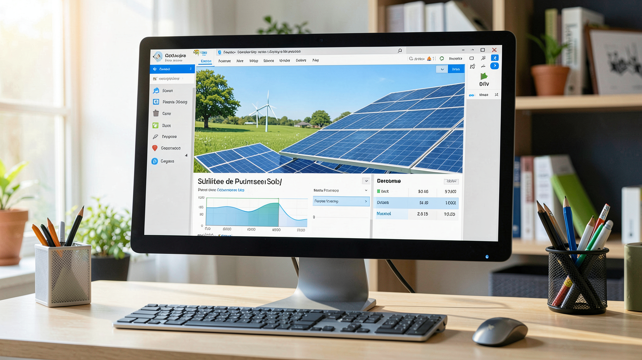 site solaire affichant un simulateur de calcul de puissance idéale sur un écran d'ordinateur