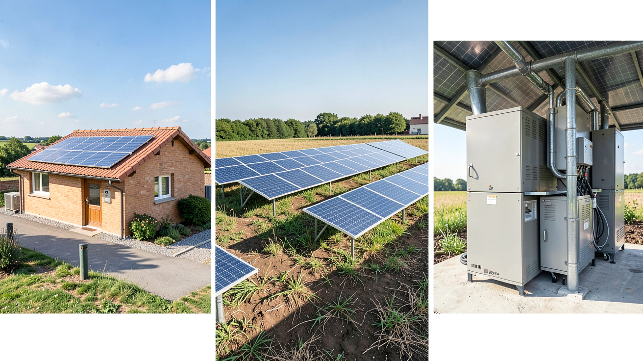 site solaire illustrant trois types : autoconsommation, revente totale et hybride