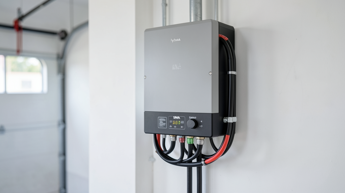 sma onduleur hybride installé dans un garage moderne avec câbles et connexions visibles