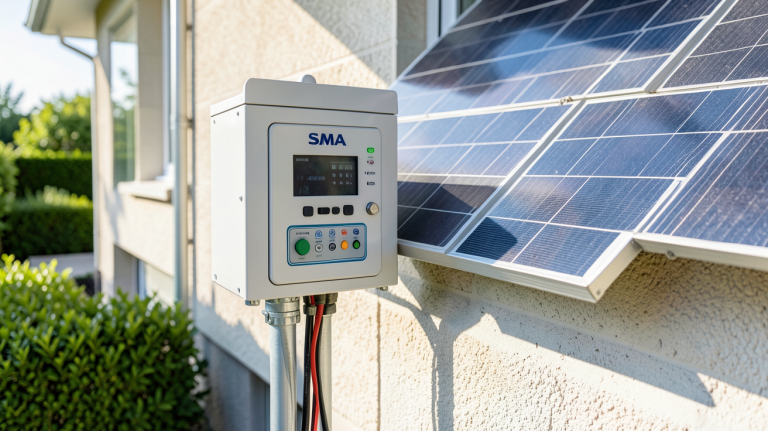 sma onduleur hybride installé à l'extérieur d'une maison moderne avec panneaux solaires