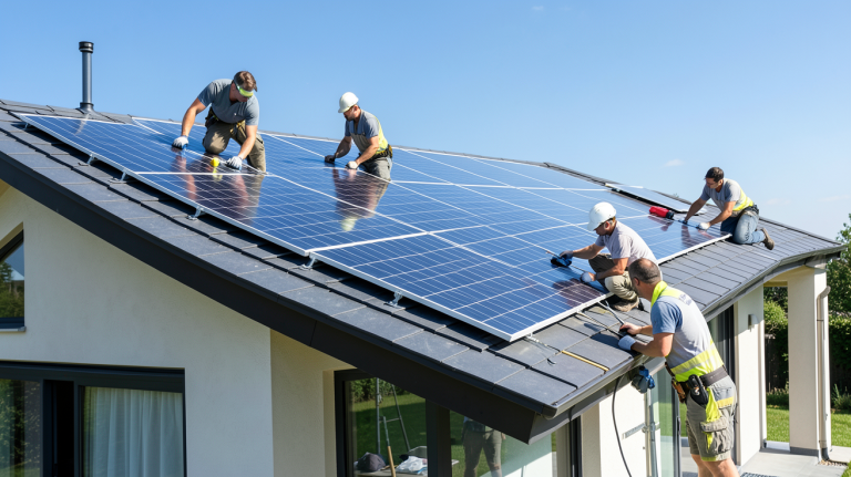 societe de panneaux photovoltaiques installant des panneaux solaires sur la toiture d'une maison