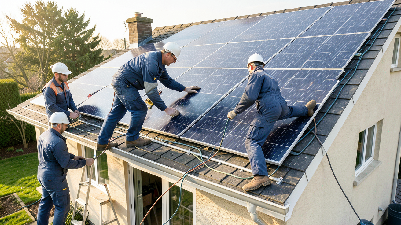 société de panneaux photovoltaïques en train d'installer des panneaux solaires sur le toit d'une maison