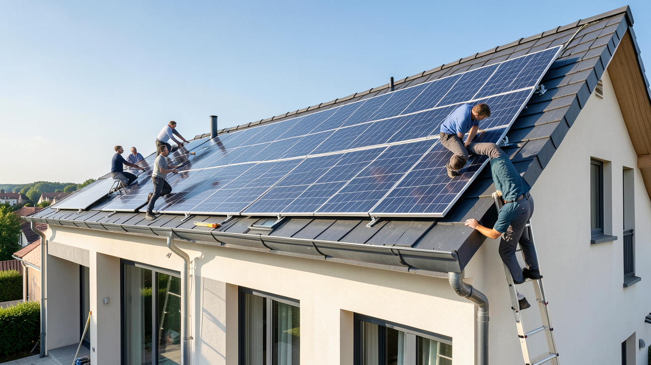 société de panneaux photovoltaïques en France installant des panneaux solaires sur un toit résidentiel moderne