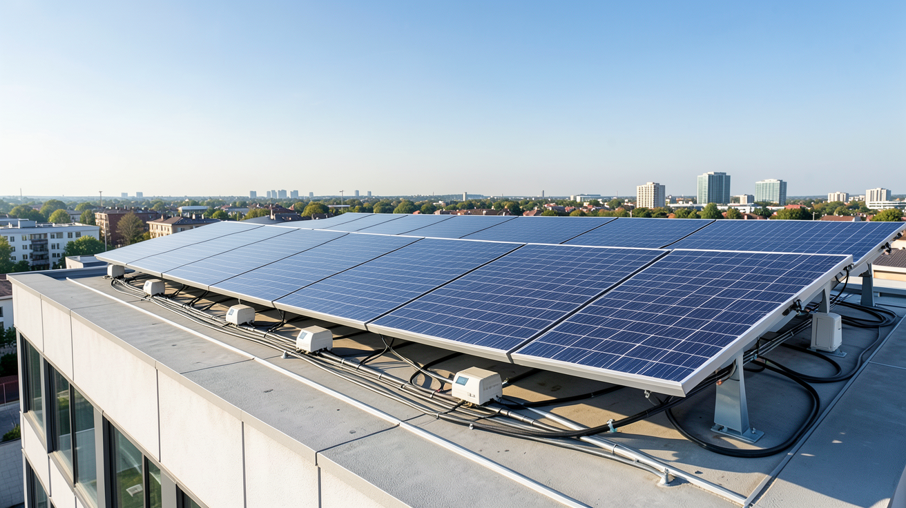 société de panneaux photovoltaïques avec installation sur toit d'entreprise moderne
