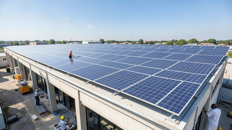 societe panneau photovoltaique présentant une entreprise de panneaux solaires avec des techniciens sur le toit d'un bâtiment commercial, sous une lumière naturelle éclatante