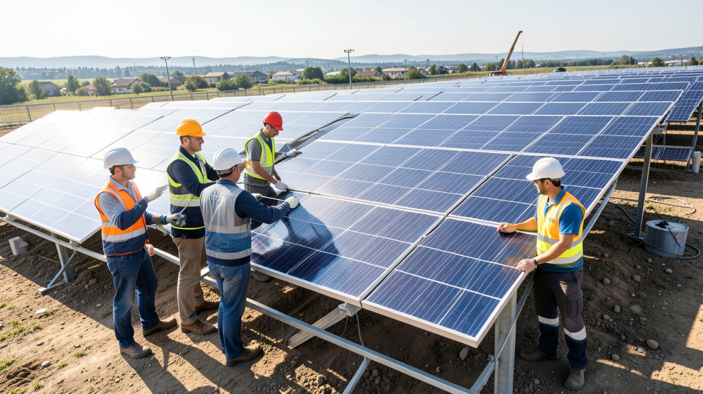 société panneaux photovoltaique présentant des panneaux solaires installés sur le toit d'un bâtiment moderne, sous une lumière naturelle éclatante, image ultra réaliste optimisée pour le SEO.