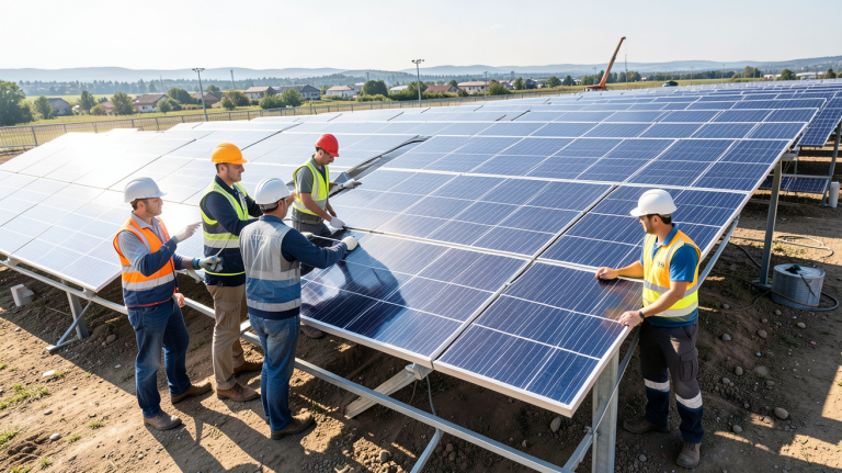société panneaux photovoltaique présentant des panneaux solaires installés sur le toit d'un bâtiment moderne, sous une lumière naturelle éclatante, image ultra réaliste optimisée pour le SEO.