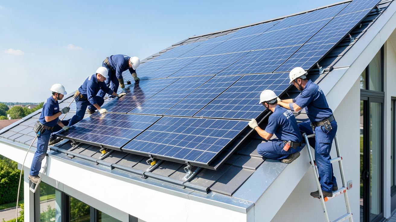 société panneaux photovoltaique effectuant l'installation de modules solaires sur une toiture résidentielle